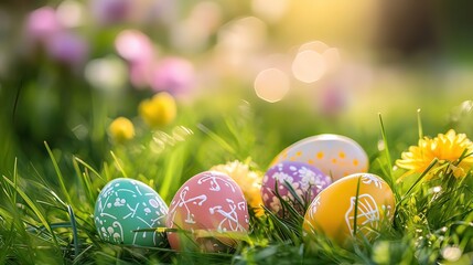Colorful Easter eggs in spring grass with pastel flowers, embodying joy and renewal.