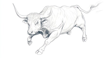 Fototapeta premium Running bull, black and white line drawing, graphic design, stock illustration