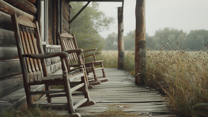Faded wooden chairs sitting on a weathered porch of a rural cabin, overlooking a grassy meadow.