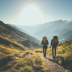 Fototapeta premium Adventure Hiking: Couple Exploring Mountain Trails and Scenic Views
