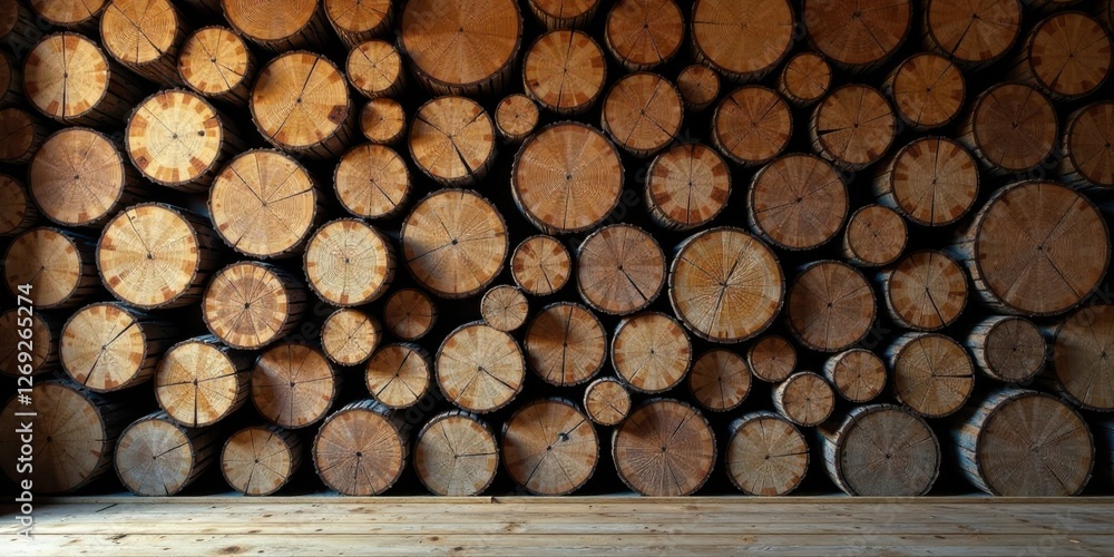 Poster rustic wooden log wall background with light wooden floor ideal for interior design projects and nat