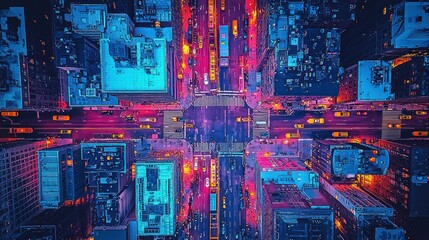 City intersection aerial night view, urban traffic flow, skyscrapers, vibrant lights