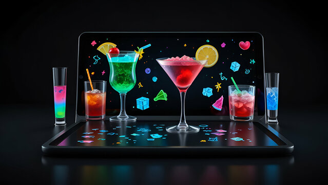 Colorful cocktail glasses in a neon themed party setting with glowing abstract background lights