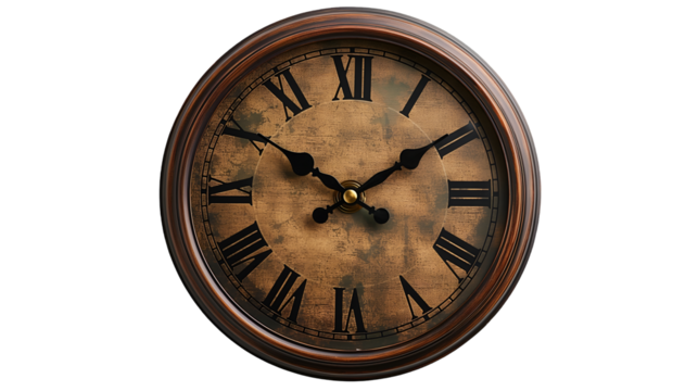 Wooden Wall Clock Roman Numerals, Antique Design for Vintage Home Decor, isolated on transparent background.