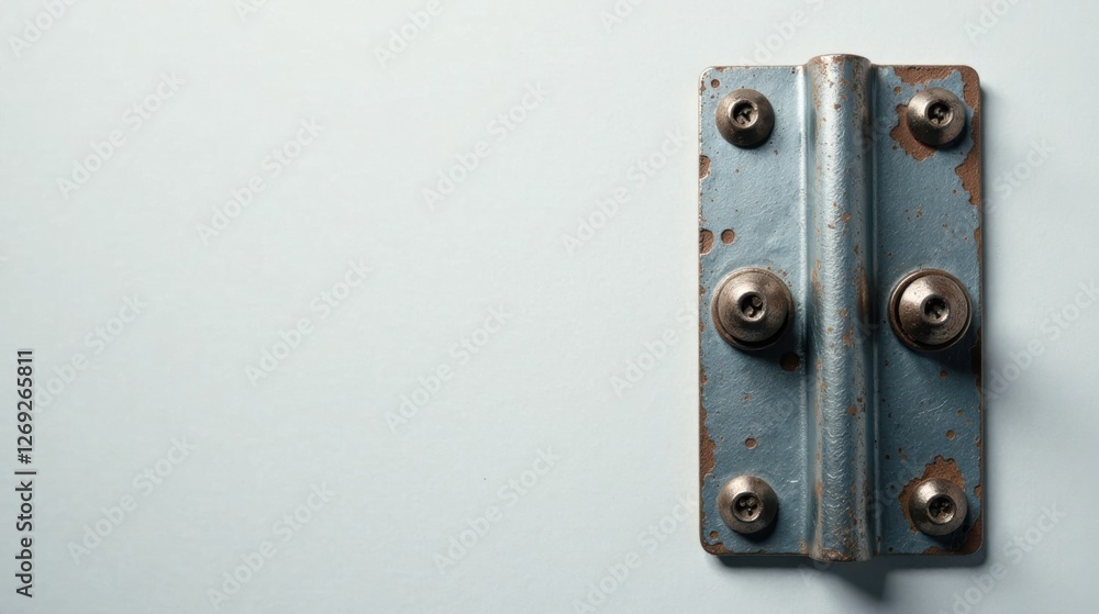 Poster rustic metal hinge with aged bolts on a light background, a detailed close-up showing textural eleme