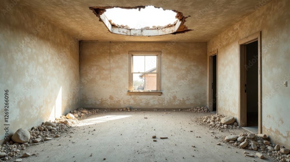 Poster sunlit derelict room a weathered interior space showcasing a collapsed ceiling, rubble strewn floor,