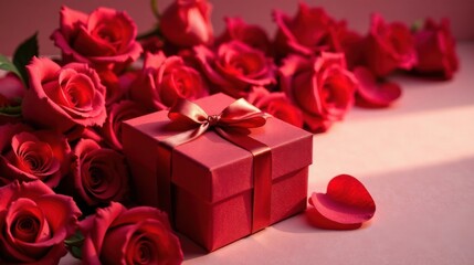 Fototapeta premium A Crimson Gift Box Adorned with a Satin Bow Nestled Amongst a Bountiful Bouquet of Deep Red Roses