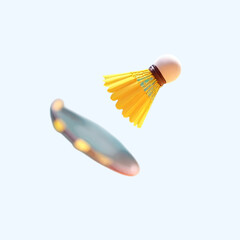 A yellow badminton shuttlecock, racket, and isolated shuttlecock vector icon illustrate the sport's equipment