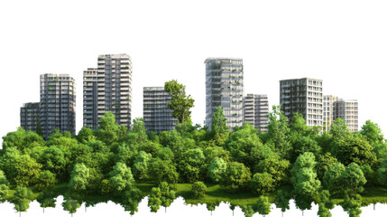 Fototapeta premium Cityscape in Harmony: A vibrant cityscape blending seamlessly with lush green forests, showcasing a harmonious integration of urban development and nature.