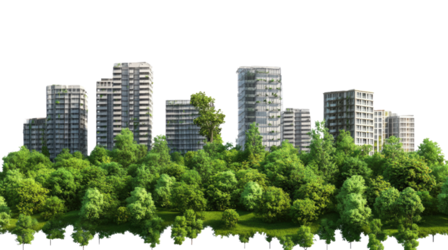 Cityscape in Harmony: A vibrant cityscape blending seamlessly with lush green forests, showcasing a harmonious integration of urban development and nature.