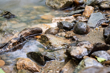 Flowing water over wet stones in a riverbed
