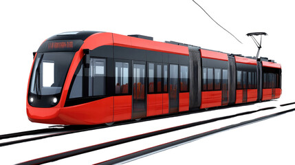 Obraz premium Modern Urban Transport: A sleek, red electric tram, a symbol of efficient public transit, gracefully glides along its tracks, a beacon of modern urban transportation.