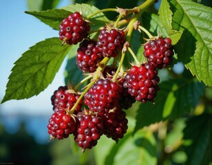 Ripe red berries cluster on a vibrant green branch, showcasing natures bounty in a sunny outdoor setting