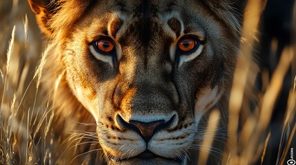 Beautiful African Lion With Fierce Stare in Wilderness Photo