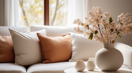 A cozy living room scene featuring a light sofa adorned with cushions and a vase of delicate flowers, creating a warm and inviting atmosphere.