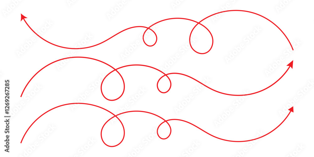 Poster hand drawn thin line arrows set. many vector curvy and wavy arrows isolated on white background. set