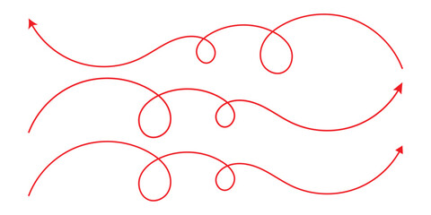 Hand drawn thin line arrows set. Many vector curvy and wavy arrows isolated on white background. Set of vector curved arrows hand drawn. Sketch doodle style. Set of hand drawn red curve arrow icon set