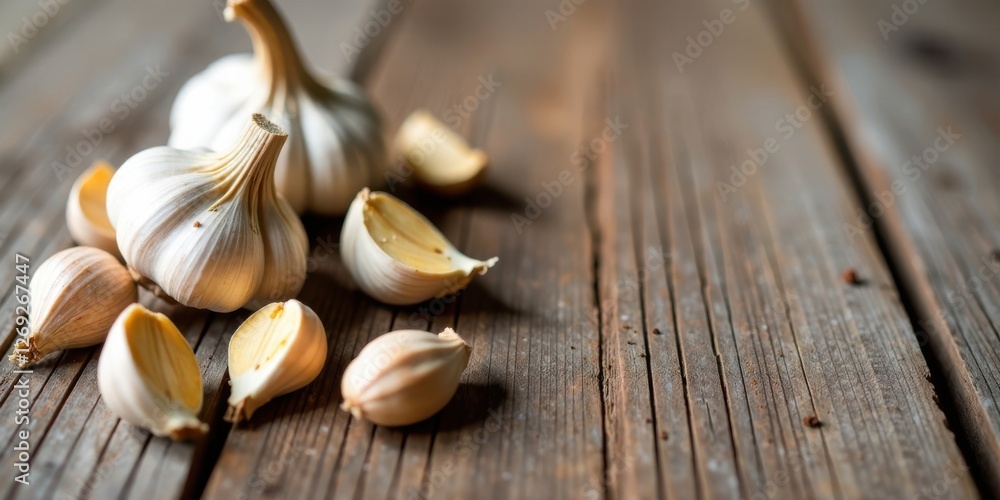 Poster Rustic wooden surface adorned with whole and halved garlic cloves, showcasing the bulb's natural texture and subtle light and shadow play.