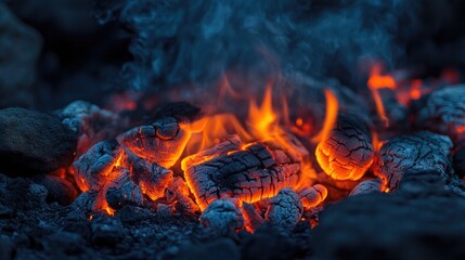 Fototapeta premium Intense glowing embers of a dying fire releasing smoke in darkness