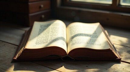 Fototapeta premium Sunlight illuminates an antique book resting on a wooden surface, its aged pages filled with the wisdom of generations past, a testament to time's enduring legacy and the power of storytelling.