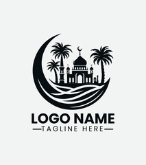 Naklejka premium Mosque and Palm Tree Logo Design, Islamic Oasis Logo, Desert Mosque Logo
