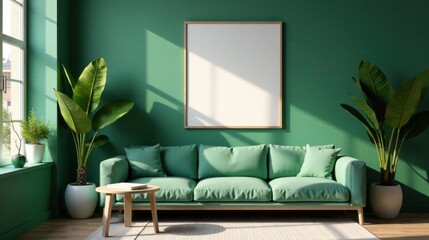 Serene Green Living Room with Sunlight Illuminating a Blank Canvas Above a Comfortable Sofa and Lush Potted Plants
