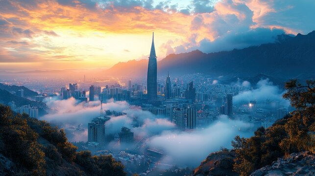 City skyline sunrise, mountains, fog, cityscape, aerial view, travel