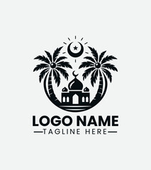 Naklejka premium Mosque and Palm Tree Logo Design, Islamic Oasis Logo, Desert Mosque Logo