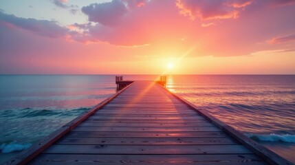 Obraz premium Serene Sunset Over Calm Ocean Waters, Wooden Pier Leading to Radiant Horizon