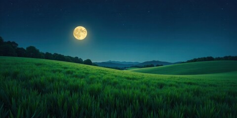 Serene Nighttime Landscape Full Moon Illuminates Rolling Green Fields Under Starlit Sky