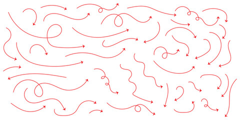 Set of vector curved arrows hand drawn. Sketch doodle style. Collection of pointers. Red hand drawn arrow icon set. Collection hand drawn arrows. Set simple curved arrows isolated on white background.