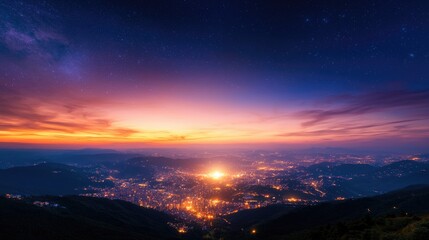 City lights at sunset, mountain view, night sky