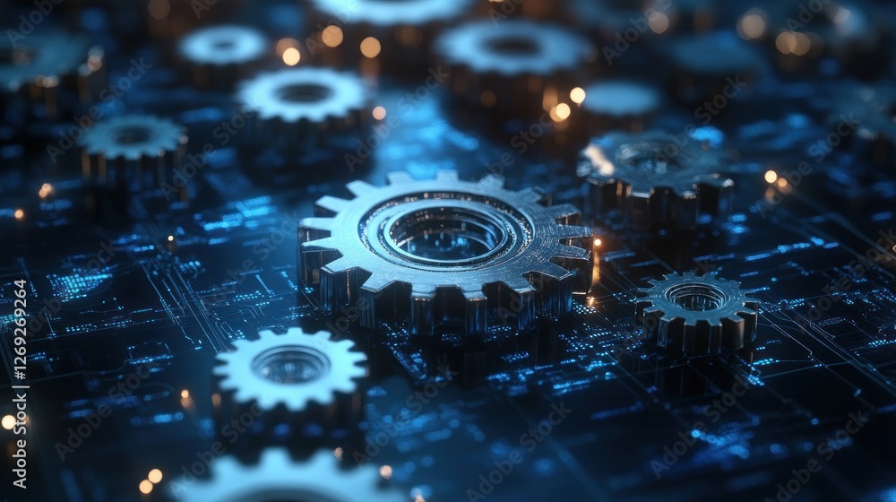 Poster metallic gears intermeshing on a circuit board