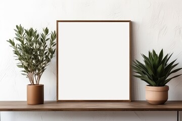 A minimalist display featuring a blank framed canvas and two potted plants on a wooden shelf against a neutral wall.