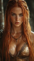 A confident woman stands amidst a forest, showcasing her striking red hair and freckles. She wears metallic armor, illuminated by warm golden light filtering through the trees.