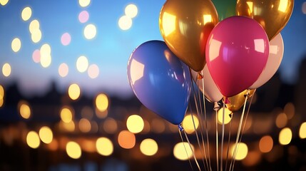 Festive balloons, night city bokeh, celebration, event promotion