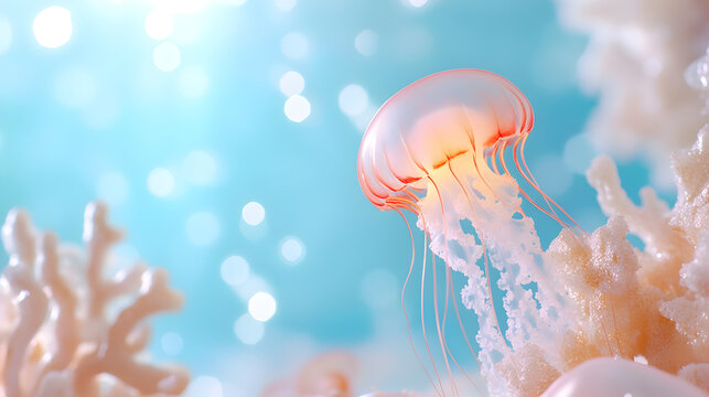 A graceful jellyfish swimming through clear waters, ideal for illustrating ocean life or marine conservation campaigns with its vibrant colors and soft lighting. Selective focus