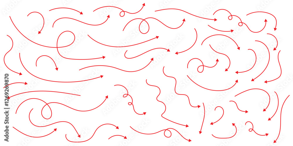Poster set of vector curved arrows hand drawn. sketch doodle style. collection of pointers. red hand drawn 