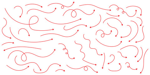 Set of vector curved arrows hand drawn. Sketch doodle style. Collection of pointers. Red hand drawn arrow icon set. Collection hand drawn arrows. Set simple curved arrows isolated on white background.