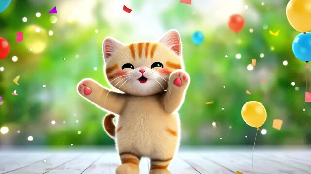 Cheerful funny cat dancing and smiling. Cute happy kitten dancing cheerfully among balloons and confetti. Funny video with dancing cartoon cat for kids party, birthday
