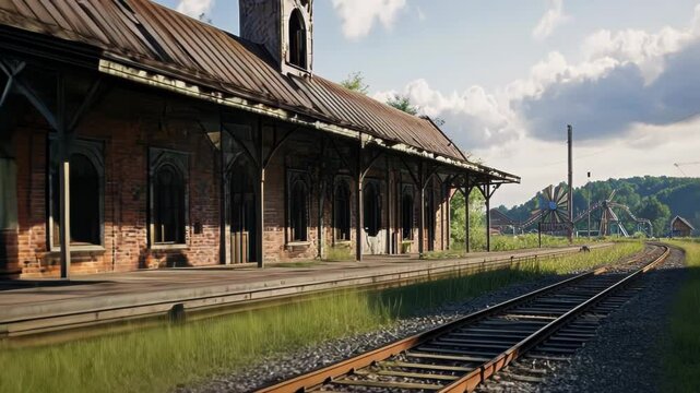 A vintage train station with a rustic appearance, surrounded by greenery and railway tracks.