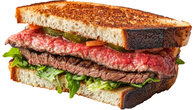 Savory Steak Sandwich: A mouthwatering close-up of a steak sandwich, stacked high with grilled steak, fresh lettuce, and pickles, artfully arranged between toasted slices of artisan bread.