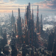 Fototapeta premium Futuristic Metropolis at Dawn: A breathtaking aerial view of a futuristic city skyline, with towering skyscrapers piercing the dawn sky, creating a dramatic and awe-inspiring scene.