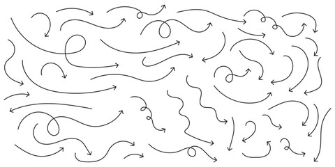 Thin arrows set for business plan, presentation and education. Sign, Symbol, Hand drawn arrow collection. Simple Hand-Drawn Arrow Set Black Vector. Hand drawn thin line arrows set. Curve arrow set. 