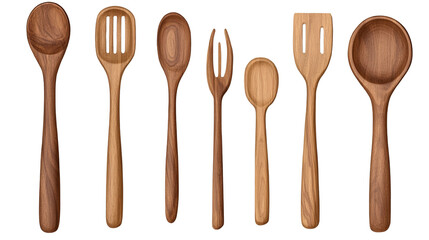 Wooden Utensils Ensemble: A close-up shot of an array of polished wooden cooking utensils, showcasing their varying forms and textures, perfect for culinary creations. 