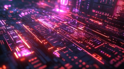 Obraz premium Abstract Futuristic Circuit Board Glowing Neon Lights