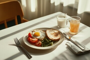 Breakfast consisting of fried egg, tomatoes, toast, green beans, and juice on a table in soft morning light