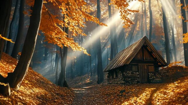 Autumn sunlight filters through trees illuminating a rustic cabin in a serene forest