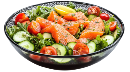 Salmon Salad: Freshly prepared salmon salad in a ceramic bowl, vibrant colors and textures are a feast for the eyes and an invitation to savor a healthy and delicious meal. 