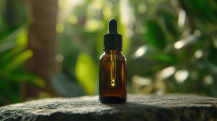 Amber bottle, dropper, essential oil, jungle backdrop, wellness product